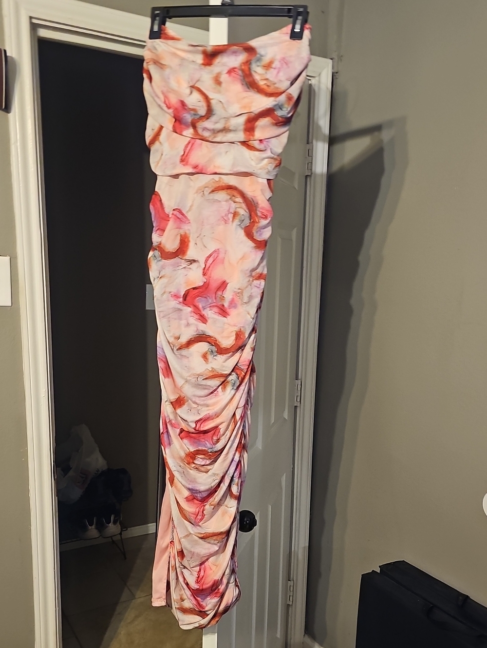 Fashion Nova Pink Abstract Ruched Strapless Maxi Dress L